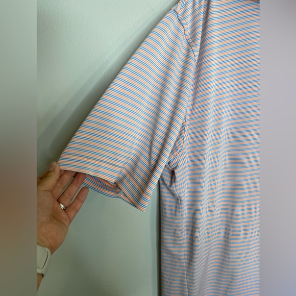 Peter Millar summer Comfort Golf Performance Pink Blue Striped Polo Shirt Sz L - Picture 3 of 5
